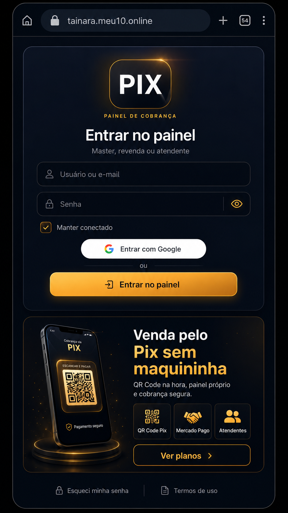Login e vitrine do painel